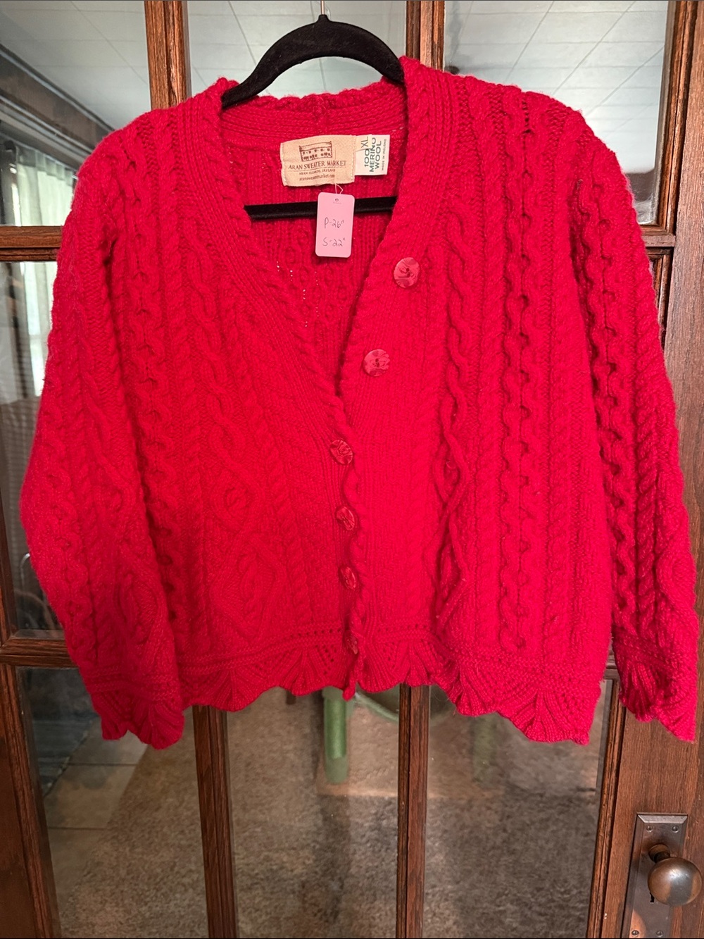 Aran Sweater Market Red 100% Merino Wool Cable Knit Cardigan Celtic XL Fisherman